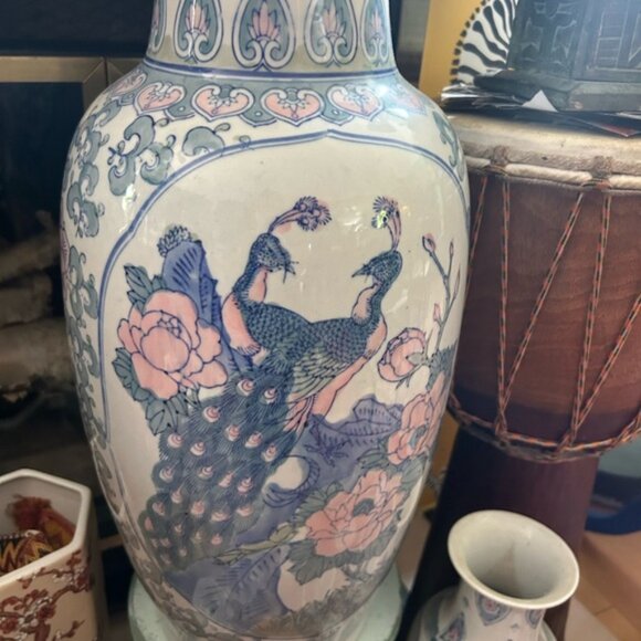 Vintage Blue and White Asian Vase with Pink Floral Accents w Birds 24 inch - Picture 4 of 15